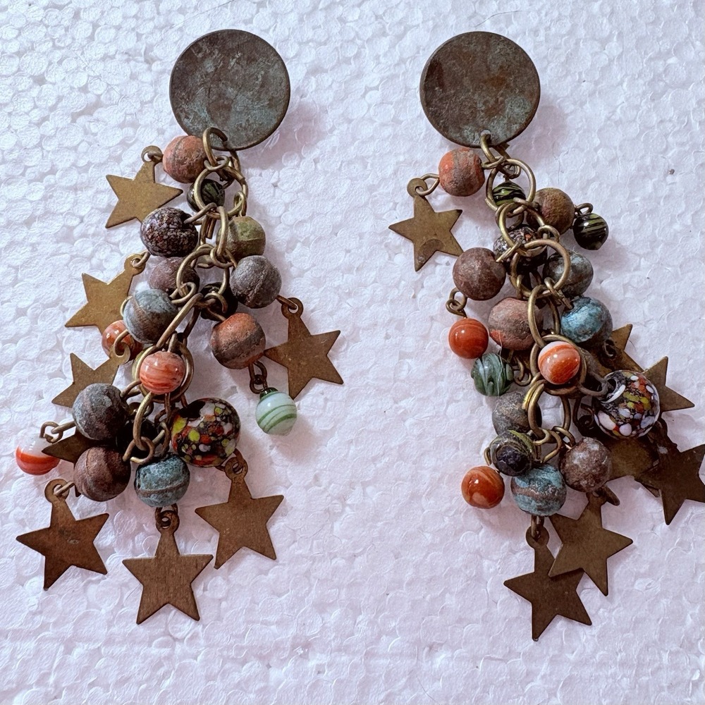 Vintage Y2K Boho Star Charm Cluster‎ Dangle Earrings Multicolor Beaded Festival
